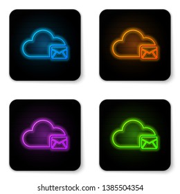 Glowing neon Cloud mail server icon isolated on white background. Cloud server hosting for email. Online message service. Mailbox sign. Black square button. Vector Illustration