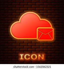 Glowing neon Cloud mail server icon isolated on brick wall background. Cloud server hosting for email. Online message service. Mailbox sign. Vector Illustration - Powered by Shutterstock - Get 15% off with code: PIKWIZARD15