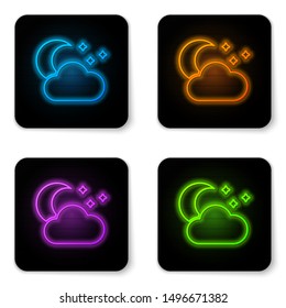 Glowing neon Cloud with moon and stars icon isolated on white background. Cloudy night sign. Sleep dreams symbol. Night or bed time sign. Black square button. Vector Illustration