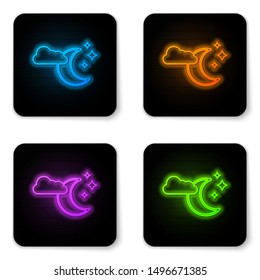 Glowing neon Cloud with moon and stars icon isolated on white background. Cloudy night sign. Sleep dreams symbol. Night or bed time sign. Black square button. Vector Illustration