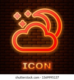 Glowing neon Cloud with moon and stars icon isolated on brick wall background. Cloudy night sign. Sleep dreams symbol. Night or bed time sign.  Vector Illustration