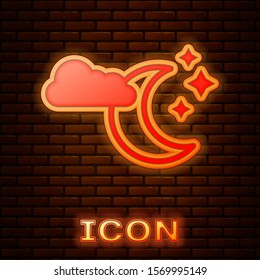 Glowing neon Cloud with moon and stars icon isolated on brick wall background. Cloudy night sign. Sleep dreams symbol. Night or bed time sign.  Vector Illustration
