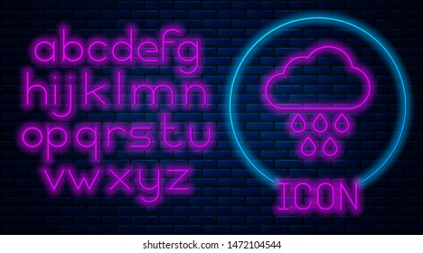 Glowing neon Cloud with rain icon isolated on brick wall background. Rain cloud precipitation with rain drops. Neon light alphabet. Vector Illustration