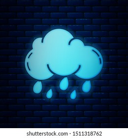 Glowing neon Cloud with rain icon isolated on brick wall background. Rain cloud precipitation with rain drops.  Vector Illustration