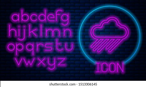 Glowing neon Cloud with rain icon isolated on brick wall background. Rain cloud precipitation with rain drops. Neon light alphabet. Vector Illustration