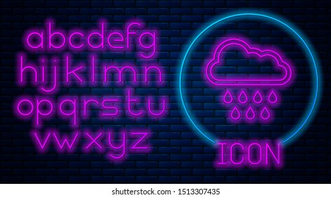 Glowing neon Cloud with rain icon isolated on brick wall background. Rain cloud precipitation with rain drops. Neon light alphabet. Vector Illustration