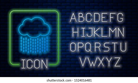Glowing neon Cloud with rain icon isolated on brick wall background. Rain cloud precipitation with rain drops. Neon light alphabet. Vector Illustration