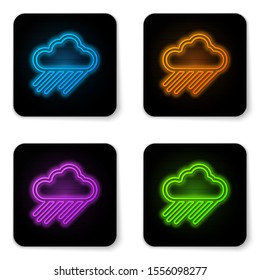Glowing neon Cloud with rain icon isolated on white background. Rain cloud precipitation with rain drops. Black square button. Vector Illustration