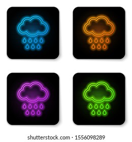 Glowing neon Cloud with rain icon isolated on white background. Rain cloud precipitation with rain drops. Black square button. Vector Illustration