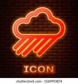 Glowing neon Cloud with rain icon isolated on brick wall background. Rain cloud precipitation with rain drops.  Vector Illustration
