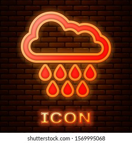 Glowing neon Cloud with rain icon isolated on brick wall background. Rain cloud precipitation with rain drops.  Vector Illustration