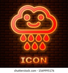 Glowing neon Cloud with rain icon isolated on brick wall background. Rain cloud precipitation with rain drops.  Vector Illustration