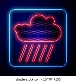 Glowing neon Cloud with rain icon isolated on blue background. Rain cloud precipitation with rain drops.  Vector Illustration