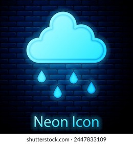 Glowing neon Cloud with rain icon isolated on brick wall background. Rain cloud precipitation with rain drops.  Vector
