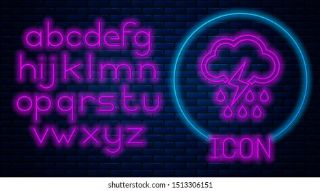 Glowing neon Cloud with rain and lightning icon isolated on brick wall background. Rain cloud precipitation with rain drops.Weather icon of storm. Neon light alphabet. Vector Illustration
