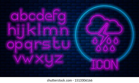 Glowing neon Cloud with rain and lightning icon isolated on brick wall background. Rain cloud precipitation with rain drops.Weather icon of storm. Neon light alphabet. Vector Illustration