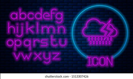 Glowing neon Cloud with rain and lightning icon isolated on brick wall background. Rain cloud precipitation with rain drops.Weather icon of storm. Neon light alphabet. Vector Illustration