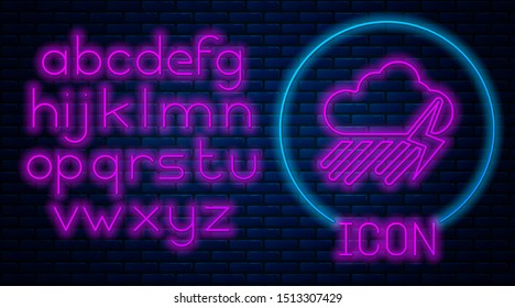 Glowing neon Cloud with rain and lightning icon isolated on brick wall background. Rain cloud precipitation with rain drops.Weather icon of storm. Neon light alphabet. Vector Illustration