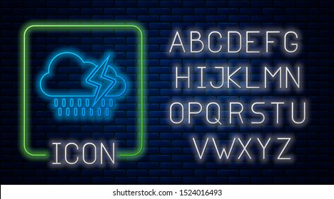 Glowing neon Cloud with rain and lightning icon isolated on brick wall background. Rain cloud precipitation with rain drops.Weather icon of storm. Neon light alphabet. Vector Illustration