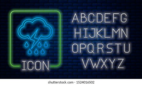 Glowing neon Cloud with rain and lightning icon isolated on brick wall background. Rain cloud precipitation with rain drops.Weather icon of storm. Neon light alphabet. Vector Illustration