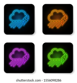 Glowing neon Cloud with rain and lightning icon isolated on white background. Rain cloud precipitation with rain drops.Weather icon of storm. Black square button. Vector Illustration