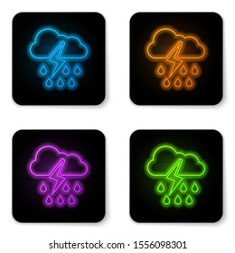 Glowing neon Cloud with rain and lightning icon isolated on white background. Rain cloud precipitation with rain drops.Weather icon of storm. Black square button. Vector Illustration