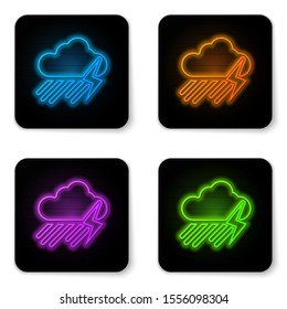 Glowing neon Cloud with rain and lightning icon isolated on white background. Rain cloud precipitation with rain drops.Weather icon of storm. Black square button. Vector Illustration