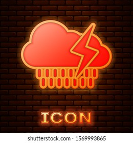 Glowing neon Cloud with rain and lightning icon isolated on brick wall background. Rain cloud precipitation with rain drops.Weather icon of storm.  Vector Illustration