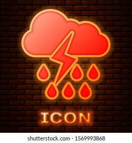 Glowing neon Cloud with rain and lightning icon isolated on brick wall background. Rain cloud precipitation with rain drops.Weather icon of storm.  Vector Illustration