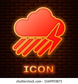 Glowing neon Cloud with rain and lightning icon isolated on brick wall background. Rain cloud precipitation with rain drops.Weather icon of storm.  Vector Illustration