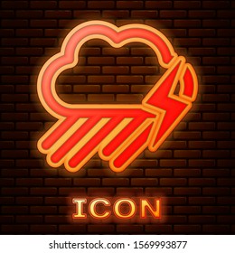 Glowing neon Cloud with rain and lightning icon isolated on brick wall background. Rain cloud precipitation with rain drops.Weather icon of storm.  Vector Illustration