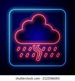 Glowing neon Cloud with rain and lightning icon isolated on black background. Rain cloud precipitation with rain drops.Weather icon of storm.  Vector