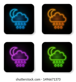 Glowing neon Cloud with rain and moon icon isolated on white background. Rain cloud precipitation with rain drops. Black square button. Vector Illustration