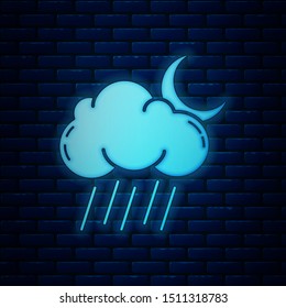 Glowing neon Cloud with rain and moon icon isolated on brick wall background. Rain cloud precipitation with rain drops.  Vector Illustration