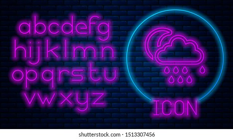 Glowing neon Cloud with rain and moon icon isolated on brick wall background. Rain cloud precipitation with rain drops. Neon light alphabet. Vector Illustration