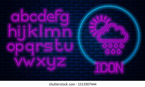 Glowing neon Cloud with rain and sun icon isolated on brick wall background. Rain cloud precipitation with rain drops. Neon light alphabet. Vector Illustration
