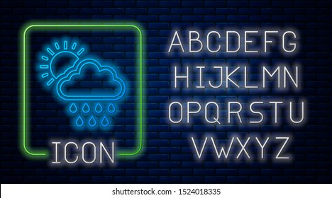 Glowing neon Cloud with rain and sun icon isolated on brick wall background. Rain cloud precipitation with rain drops. Neon light alphabet. Vector Illustration