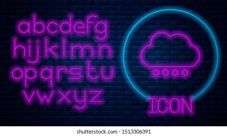 Glowing neon Cloud with snow icon isolated on brick wall background. Cloud with snowflakes. Single weather icon. Snowing sign. Neon light alphabet. Vector Illustration