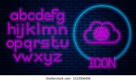 Glowing neon Cloud with snow icon isolated on brick wall background. Cloud with snowflakes. Single weather icon. Snowing sign. Neon light alphabet. Vector Illustration