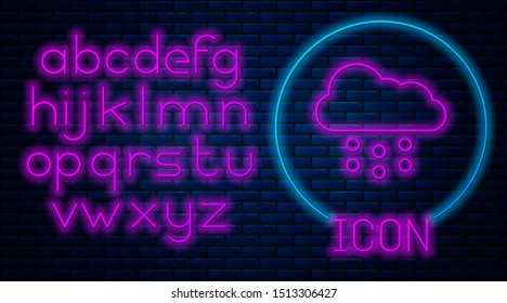 Glowing neon Cloud with snow icon isolated on brick wall background. Cloud with snowflakes. Single weather icon. Snowing sign. Neon light alphabet. Vector Illustration