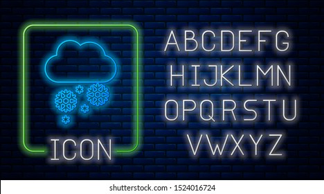 Glowing neon Cloud with snow icon isolated on brick wall background. Cloud with snowflakes. Single weather icon. Snowing sign. Neon light alphabet. Vector Illustration