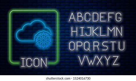 Glowing neon Cloud with snow icon isolated on brick wall background. Cloud with snowflakes. Single weather icon. Snowing sign. Neon light alphabet. Vector Illustration