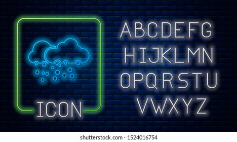 Glowing neon Cloud with snow icon isolated on brick wall background. Cloud with snowflakes. Single weather icon. Snowing sign. Neon light alphabet. Vector Illustration