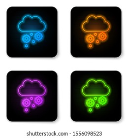 Glowing neon Cloud with snow icon isolated on white background. Cloud with snowflakes. Single weather icon. Snowing sign. Black square button. Vector Illustration