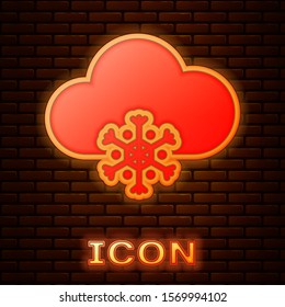 Glowing neon Cloud with snow icon isolated on brick wall background. Cloud with snowflakes. Single weather icon. Snowing sign.  Vector Illustration