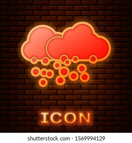 Glowing neon Cloud with snow icon isolated on brick wall background. Cloud with snowflakes. Single weather icon. Snowing sign.  Vector Illustration