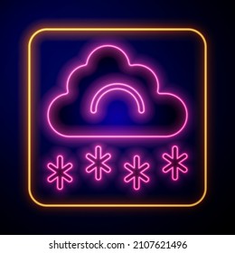Glowing neon Cloud with snow icon isolated on black background. Cloud with snowflakes. Single weather icon. Snowing sign.  Vector
