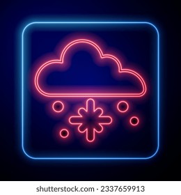 Glühende NeonCloud mit Schnee Symbol einzeln auf schwarzem Hintergrund. Wolke mit Schneeflocken. Einmaliges Wettersymbol. Schneeschild.  Vektorgrafik