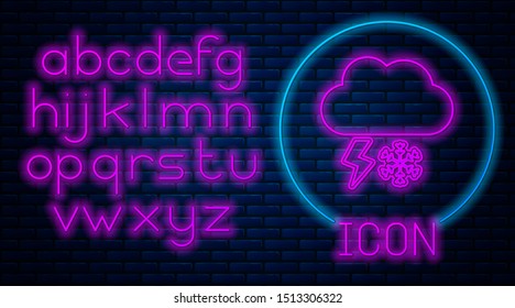 Glowing neon Cloud with snow and lightning icon isolated on brick wall background. Cloud with snowflakes. Single weather icon. Snowing sign. Neon light alphabet. Vector Illustration