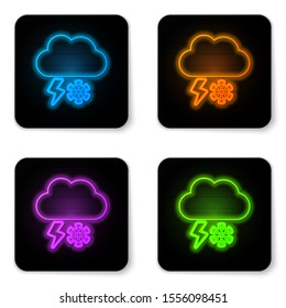 Glowing neon Cloud with snow and lightning icon isolated on white background. Cloud with snowflakes. Single weather icon. Snowing sign. Black square button. Vector Illustration